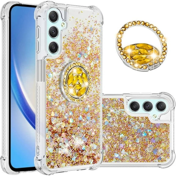 Case for Samsung Galaxy A25 5G, Galaxy A25 5G Liquid Case Glitter Clear TPU Cute Love Moving Quicksand Sparkle Phone Case with Stand Liquid Shockproof Cover for Samsung Galaxy A25 5G Gold YBZ