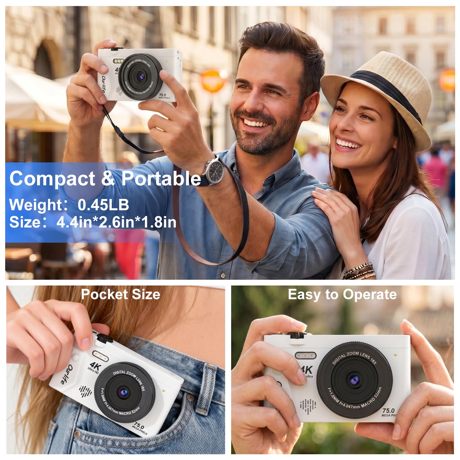 Ourlife 4K 75MP Digital Camera for Photography, Autofocus Vlogging Camera with 18X Zoom, 3" Flip Screen,white