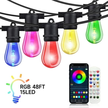 DAYBETTER Outdoor String Lights, 48FT Smart RGB Patio Lights,  15 Shatterproof Bulbs, Remote & App Control, for Garden Christmas Decor