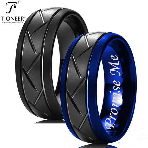 Tioneer Tungsten Carbide Zigzag Groove Tire Tread Design Comfort Fit Wedding Band Ring Promise Me Engraved 8mm