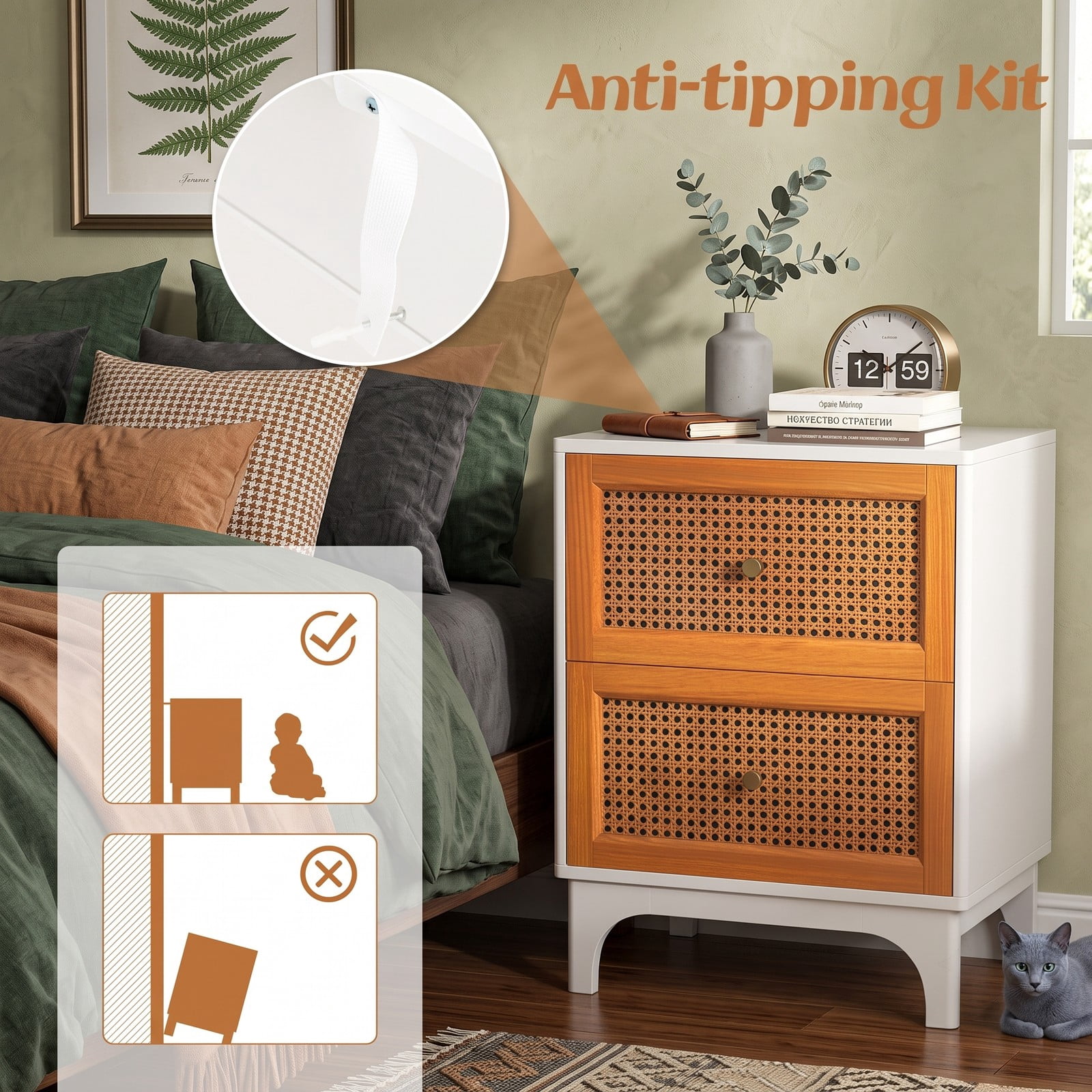 Furnibear Boho Accent Nightstand with 2 Handwoven Rattan Drawers and Solid Wood Legs plus Golden Knobs for Bedroom, White