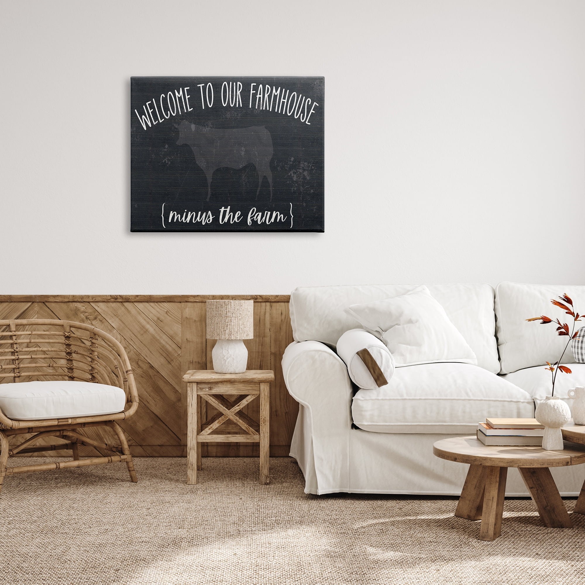 Stupell Industries Welcome To Farmhouse Playful Rustic Cow Motif Graphic Art Gallery Wrapped Canvas Print Wall Art, Design by White Ladder