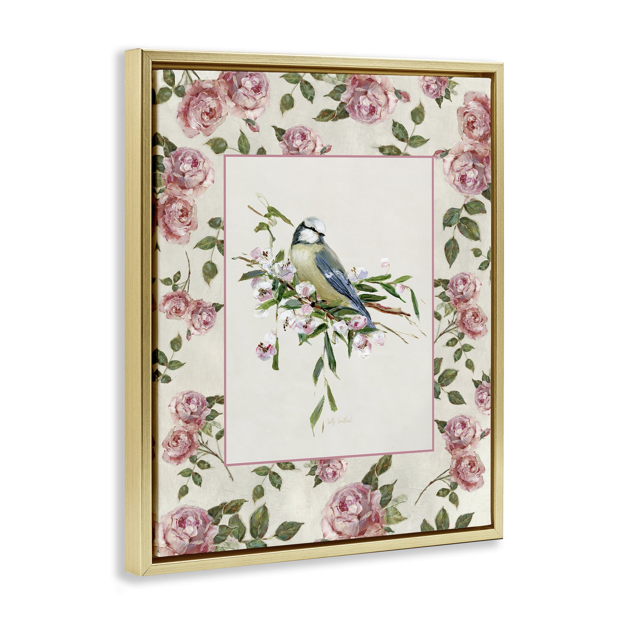 Stupell Industries Dainty Roses & Perched Bird Gold Framed Floater Canvas Wall Art, design by Sally Swatland
