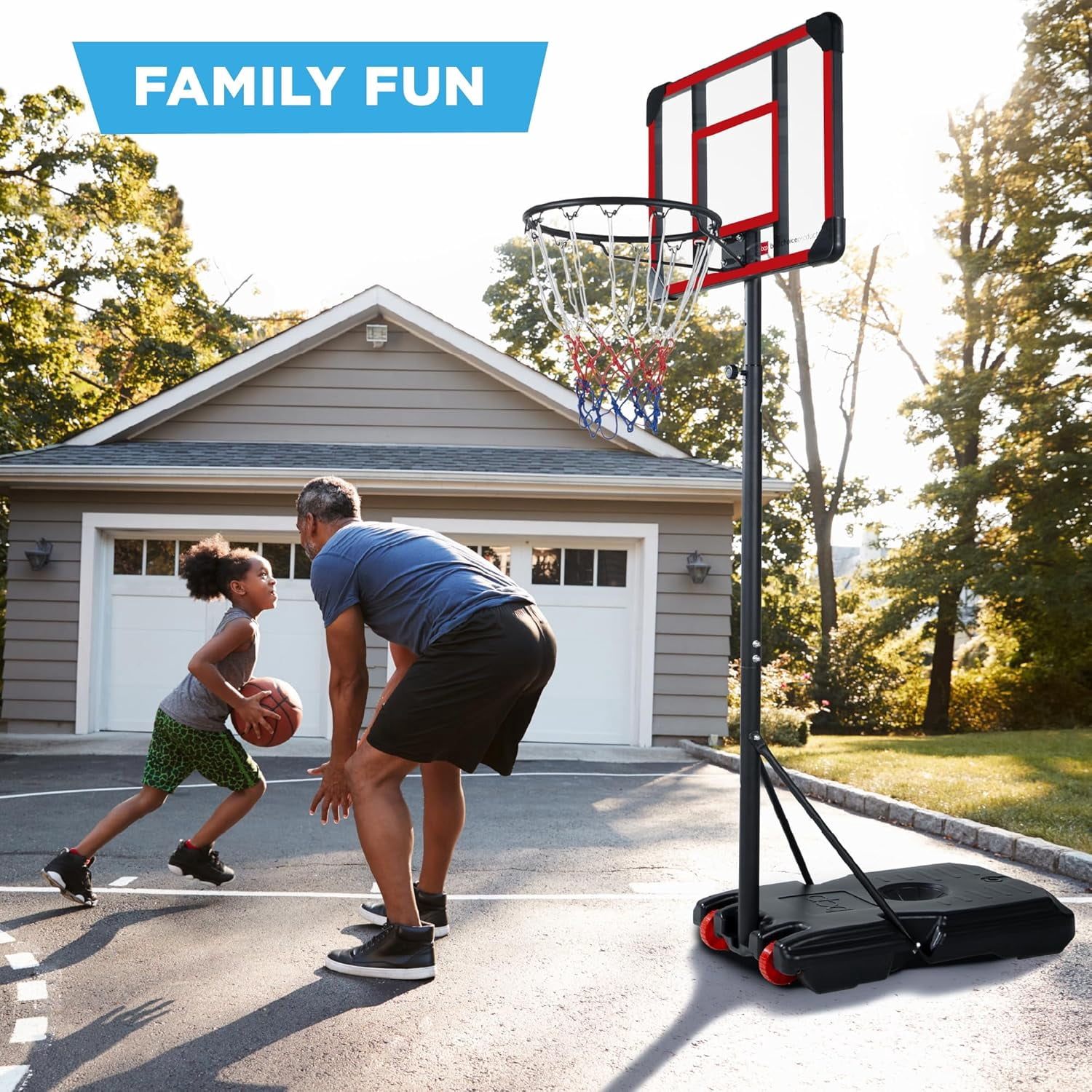 JIANYI Kids Height-Adjustable Basketball Hoop System, Portable Game w/Wheels, Fillable Base, 70.5in to 82.3in Height