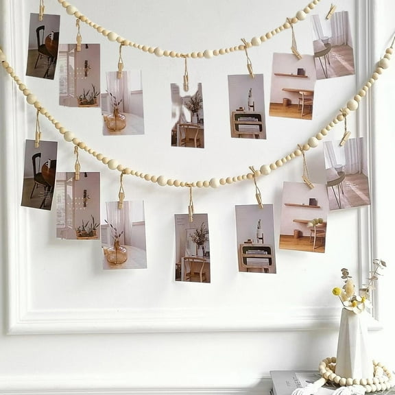 Wall Hanging Photo Display,Photo Hanger with Wooden Beads Garland,Collage Picture Frame for Boho Wall Decoration,Photo Display Holder Decor with 7 Wood Clips for Home Classrooms Bedrooms Dorms,2 Pcs