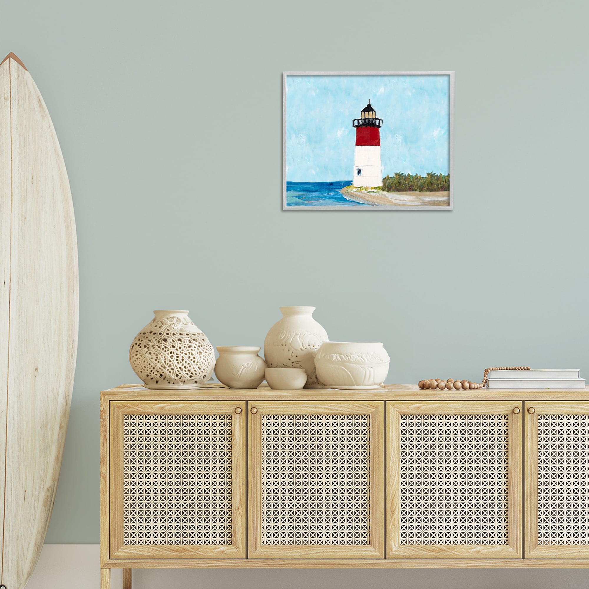 Stupell Industries Coastal Lighthouse on Blue Coastal Painting Gray Framed Art Print Wall Art, 20 x 16