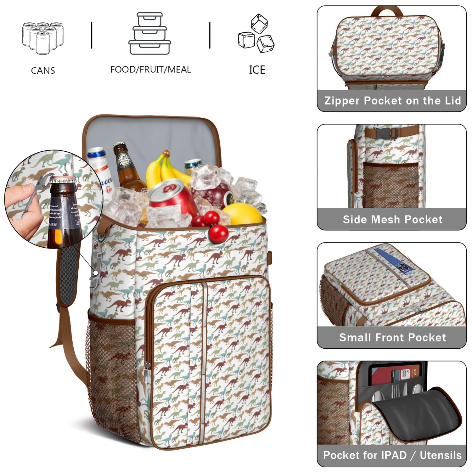 Travel Cooler Bag - White Cartoon Colorful Dinosaurs Pattern Camping Beer Cooler Backpack with Bottle Opener- Waterproof Insulated Picnic Backpacks - Cooler Bag for Beach