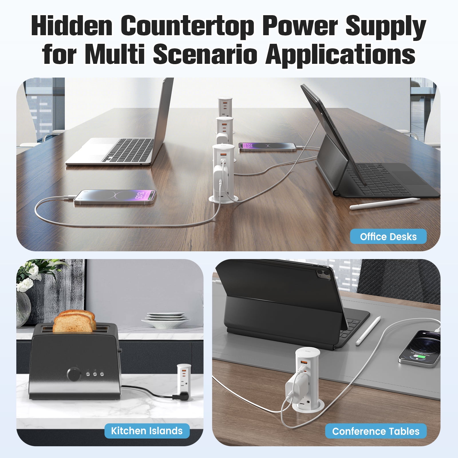 VILONG Pop up Outlet for Countertop with 20W USB-C Fast Charging Station, Recessed Power Strip– for Kitchen Island,Office Desk, ETL Listed (White)
