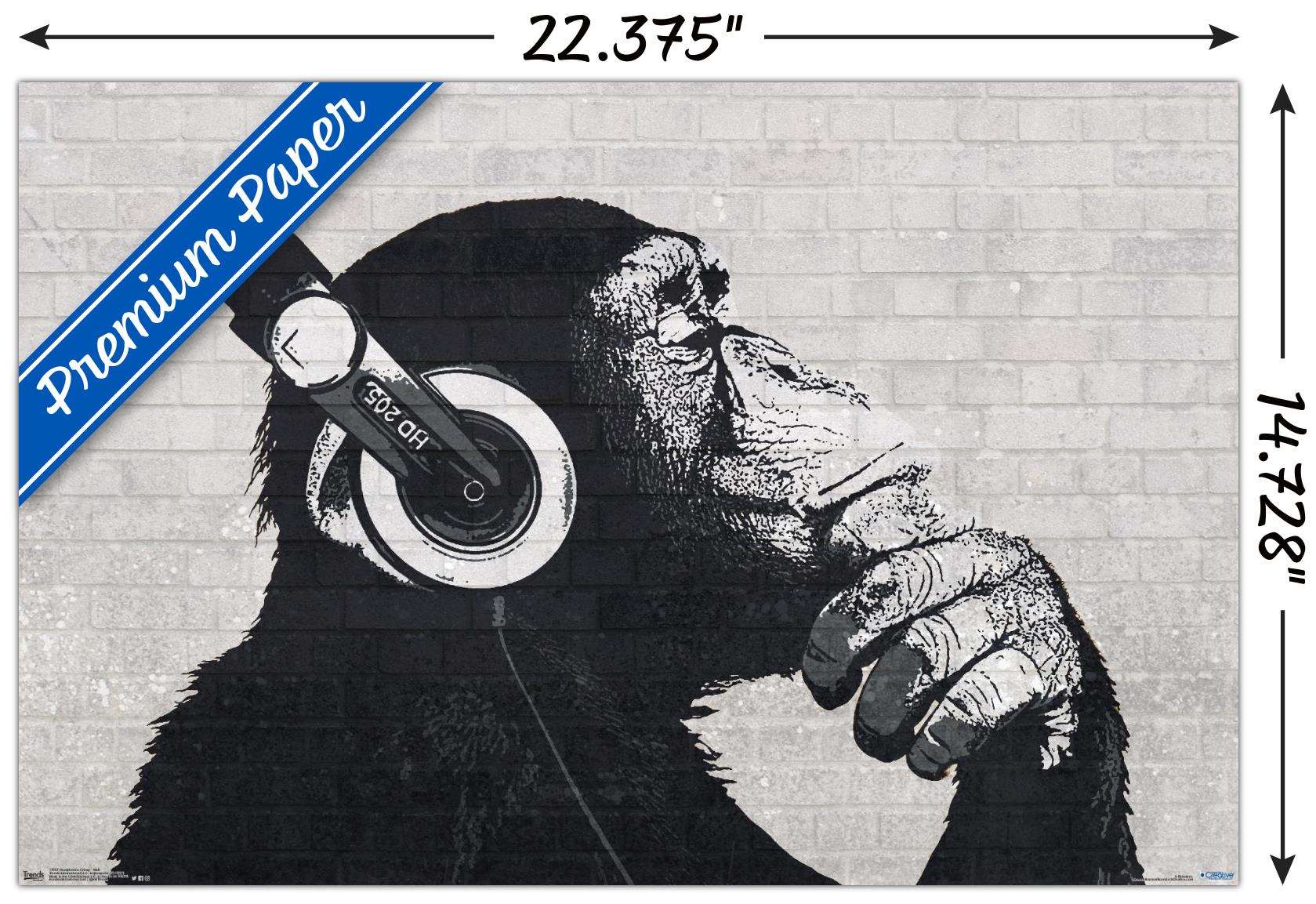 Chimp with Headphones on Wall Wall Poster, 14.725" x 22.375"