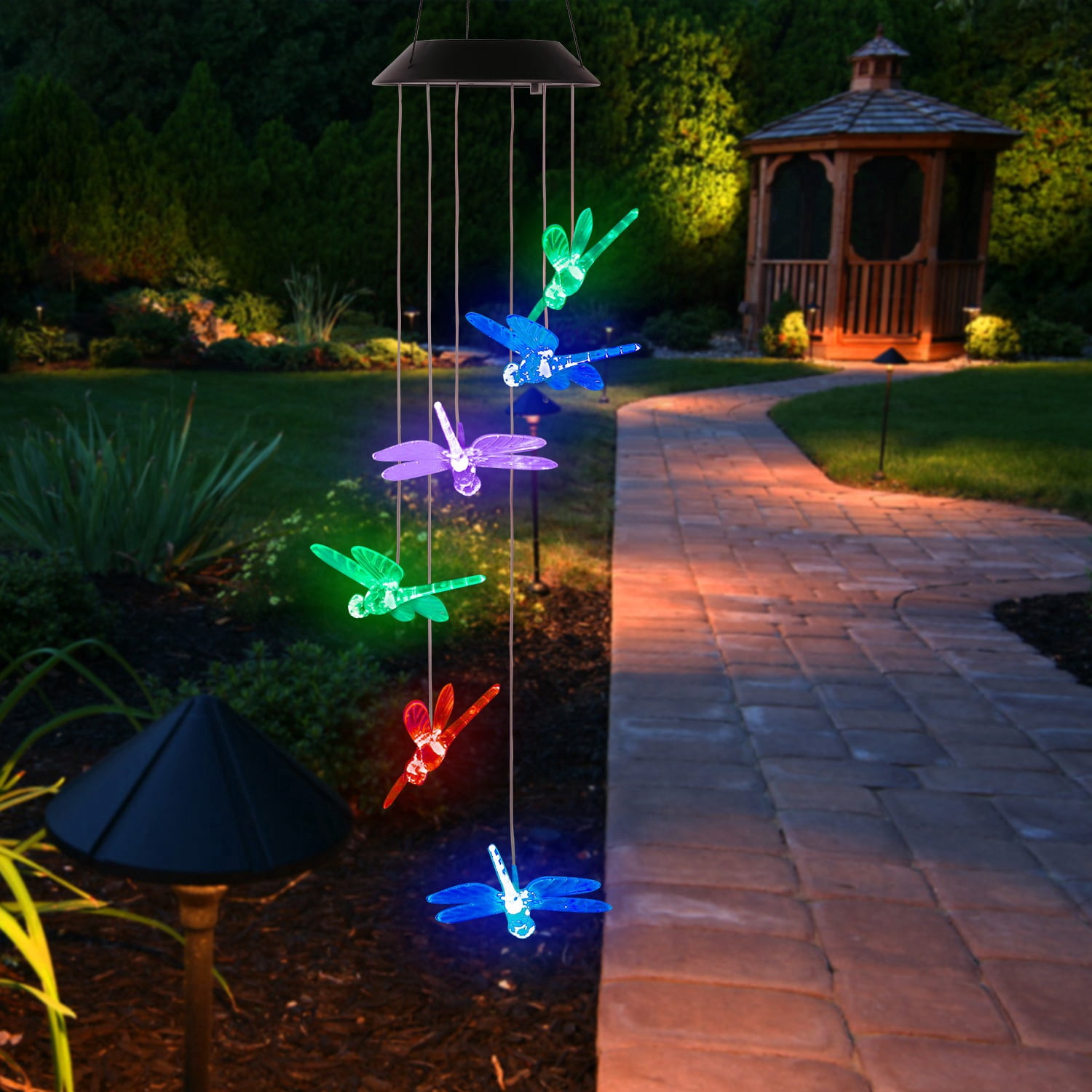 iMounTEK Solar Powered Dragonfly Lights Wind Chimes LED Color Changing Hanging Wind Lamp for Christmas Halloween Garden Patio decor