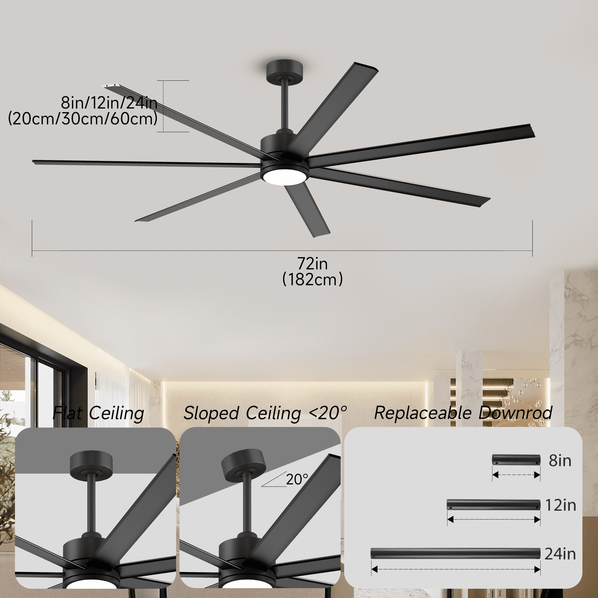 Doozoler 72 inch Indoor Outdoor Industrial Large Ceiling Fan