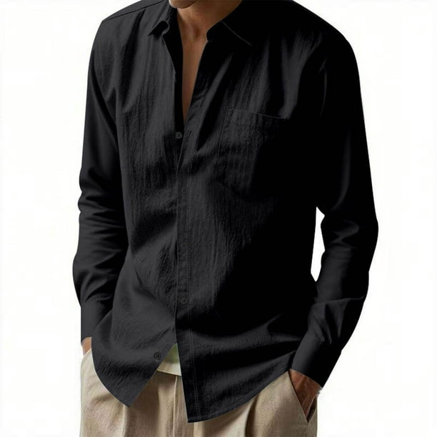 Blusa y camisa de manga larga con cuello vuelto para hombre, informal, de color liso, con botones y cuello vuelto, blusa de manga larga para hombre