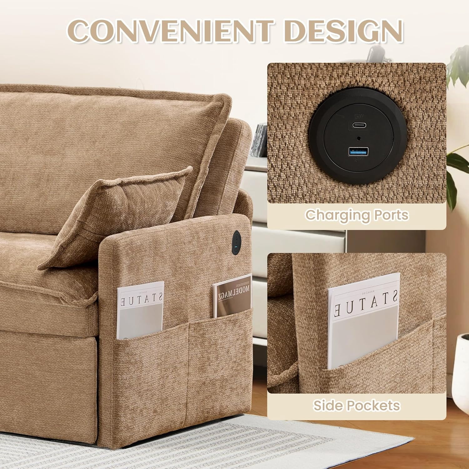 Modern Convertible Sleeper Sofa with USB Charging, Queen-size Corduroy Upholstery Sofa Bed, Brown