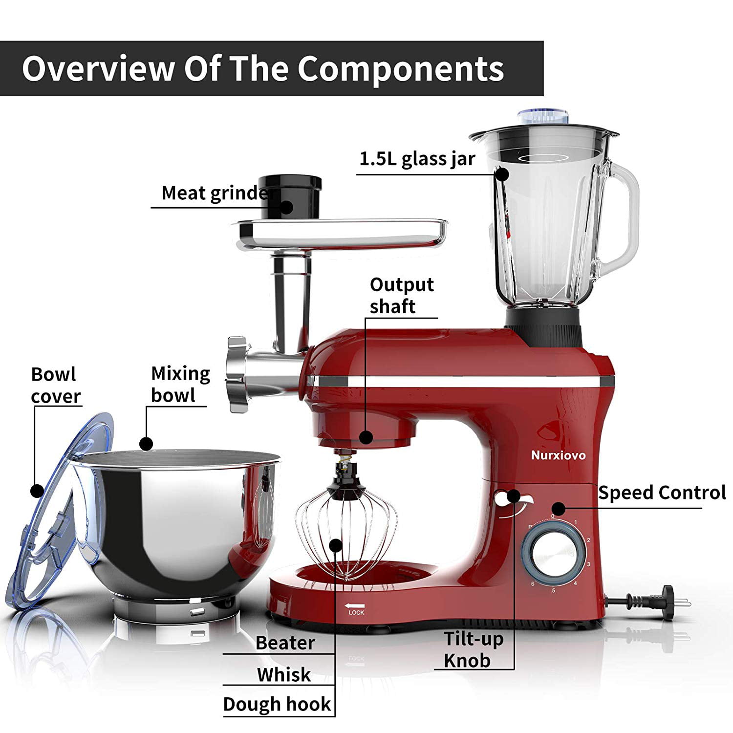 Zhoutu Stand Mixer,8 Speed with Digital Timer Electric Kitchen Mixer Dough  Whisk Beater Meat Grinder Sausage Juice Blender