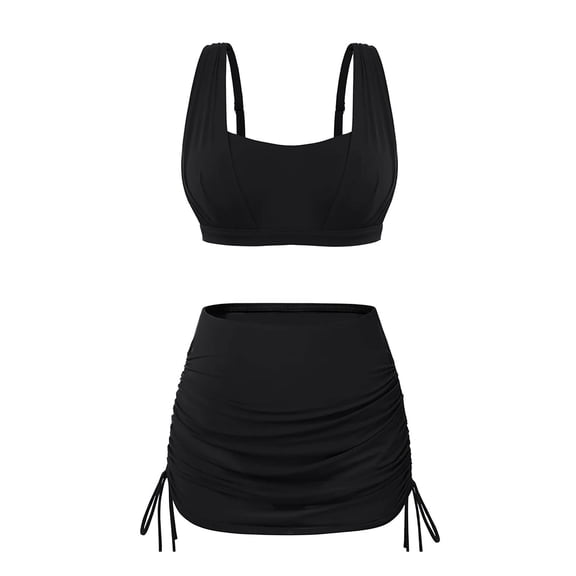Guluxicc Women's Square Neck Bikini Sets Solid Color Mesh Patchwork Shorts with Side Drawstring Summer Beach Swimsuits Bathing Suit