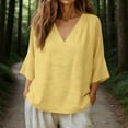 thumbnail image 2 of Admvng Woman's Tops V Neck Solid 3/4 Sleeve Casual Plus Cotton Linen Summer Basic Nice Loose Tee Shirts Size S-3XL, 2 of 8