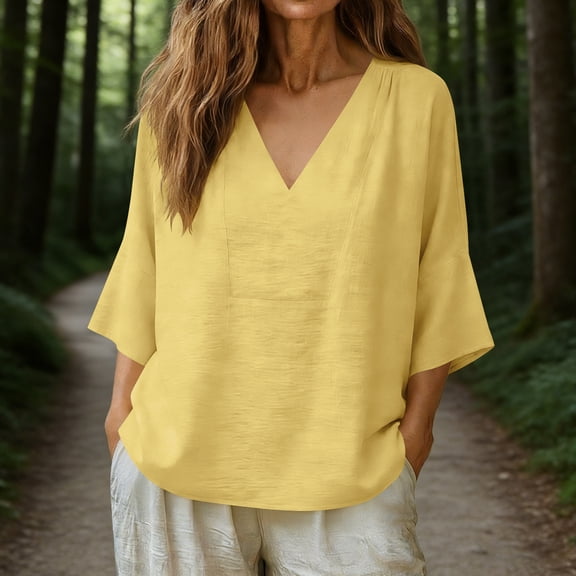 BUIGTTKLOP Cotton Linen Tops for Women 3/4 Length Sleeve V Neck Tunic Blouses Casual Comfy Shirts Loose Fitted Solid Color Tees