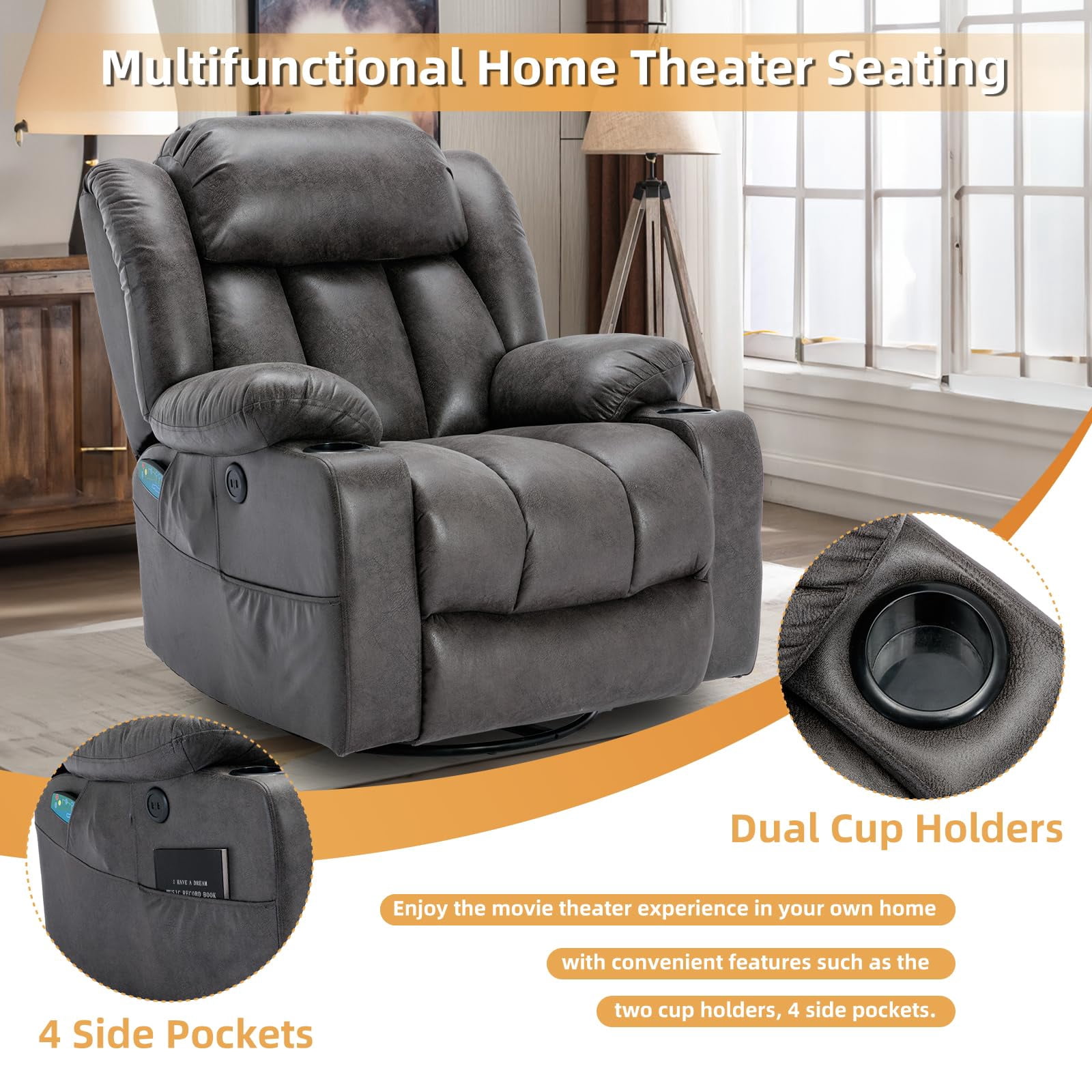 OUINCH Manual Swivel Glider Rocker Recliner Chair with Massage and Heat, USB Ports, Side Pockets and Cup Holders