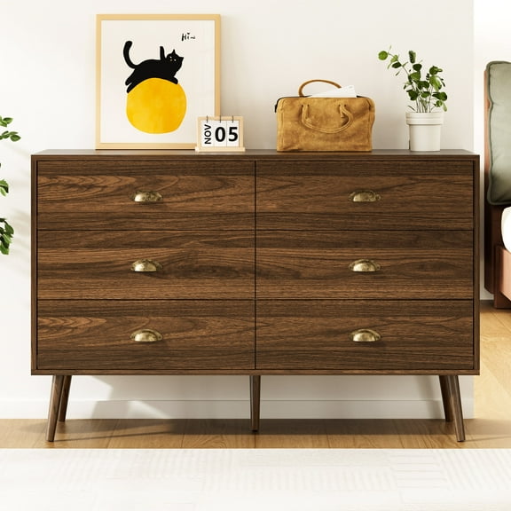 YouTrend Rustic 6 Drawer Dresser with Shell-Shaped Handles,Wood Adult Storage Cabinet for Living Room,Bedroom,Walnut