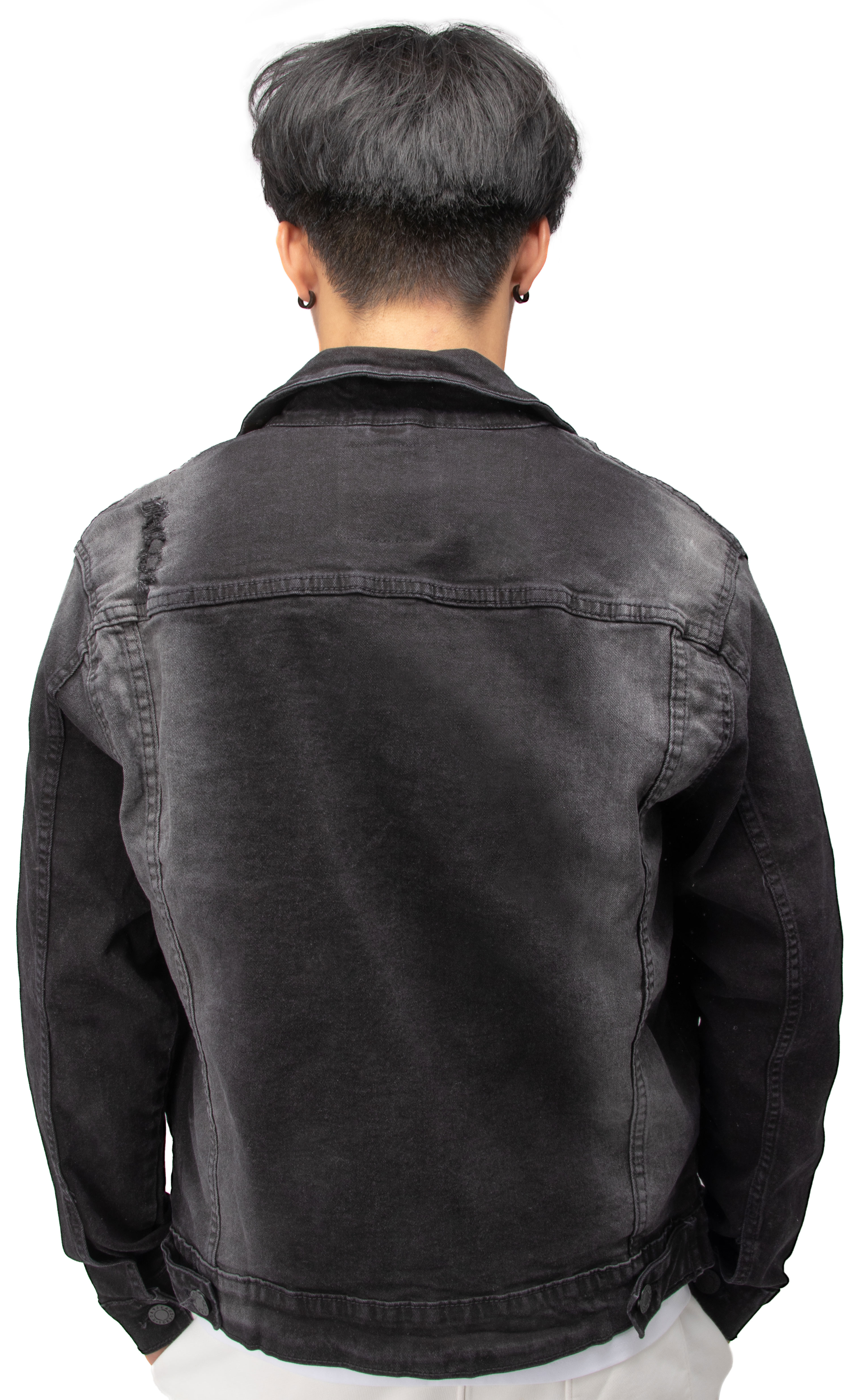 X RAY Men's Denim Jacket, Washed Ripped Distressed Flex Stretch Casual Trucker Biker Jean Jacket, Black Denim - Ripped, Large - image 3 of 9