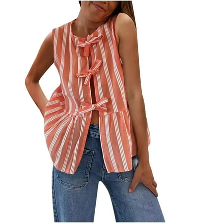 ameIAEA Womens Lace-up Babydoll Blouses Summer Sleeveless Striped Tops Crewneck Ruffle Shirt Vacation Outfit