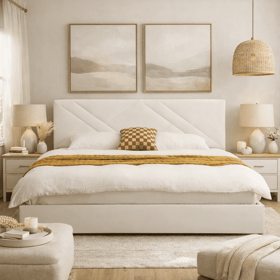 King Size Lift Up Storage Bed, Upholstered Platform Bed Frame with Storage Underneath with Modern Geometric Velvet Headboard, Hydraulic Support, No Box Spring Needed, Cream