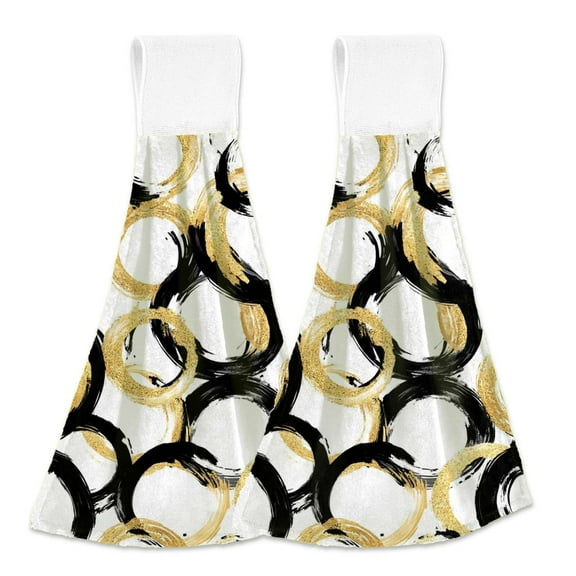 Abstract gold black circles pattern Hanging Kitchen Hand Towels Sets with Loop Hand Towels Kitchen Tie Towel 2pcs