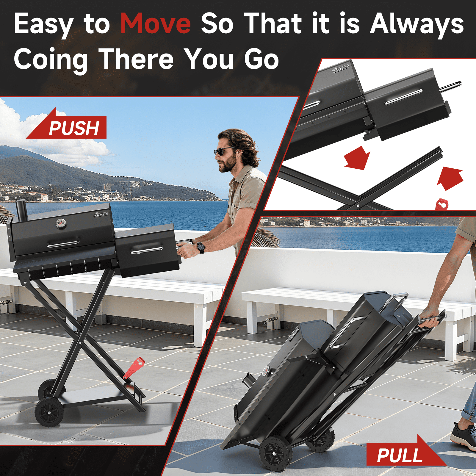 KScocina Barrel Charcoal Grill with Offset Smoker, 2-in-1 Foldable Suitcase BBQ Combo, 600 sq. in. with Waterproof Cover, for Outdoor Grilling and Backyard Cooking, Black
