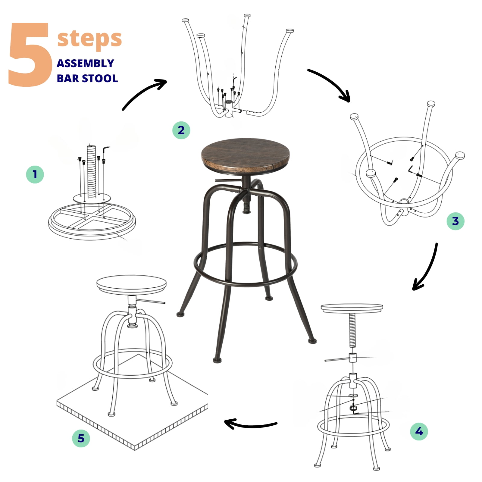 Homy Casa Swivel Bar Stools Set of 4, Adjustable Height Wooden Top Counter Barstools for Bistro Dining Kitchen Island, Walnut