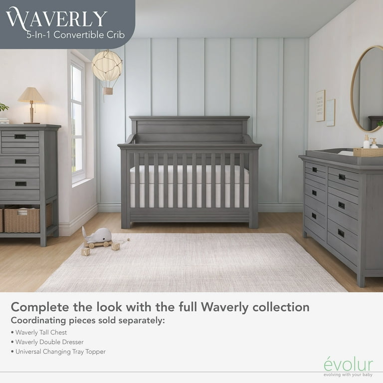 evolur Waverly 5-in-1 Full Panel Convertible Crib, Rustic Grey