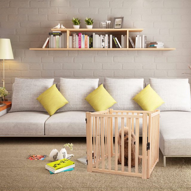 Historyli Puerta para mascotas independiente de 4 paneles,puerta plegable para perros para escaleras,puertas,pasillos interiores de casas,sin pintura,valla de paso,color natural.