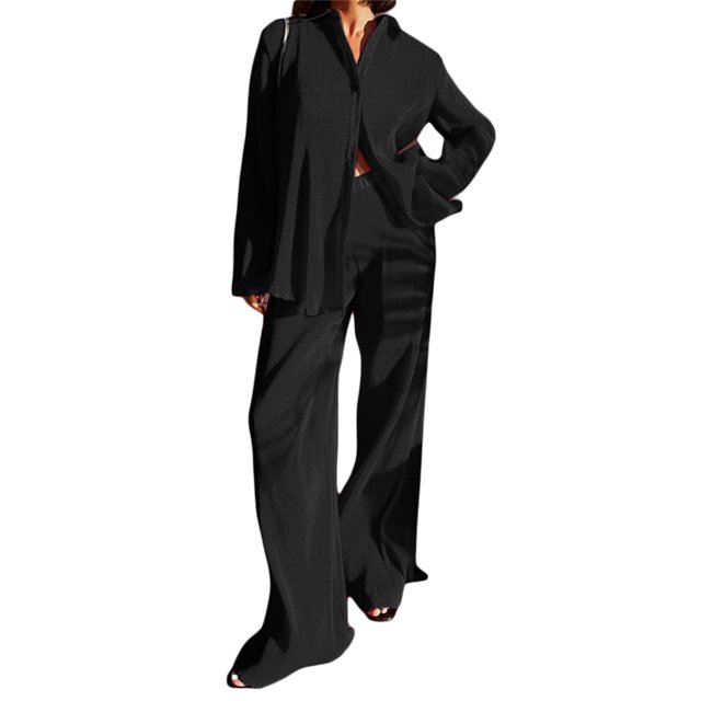 VISgogo Traje de Pijama de Dos Piezas para Mujer, Tops de Manga Larga con Botones y Cuello Vuelto de Color Sólido + Pantalones Largos con Cintura Elástica VISgogo moda