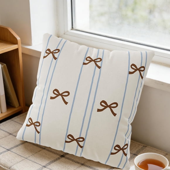 Uklsqma Bow Pillow Cover 17.7X17.7In Flock Fabric Detachable Decorative Cushion Case for Bedroom Headboard Office Chair Sofa Living Room Indoor Outdoor Use | White Brown Blue