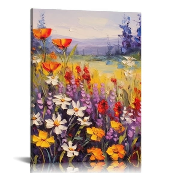 PRATYUS  Flowers Wall Art Daisy Colorful Canvas Floral Pictures Spring Purple Painting, Landscape Artwork Framed for Living Room Bedroom Bathroom Dinning Room Office Decor 16x20 in/12x16 in