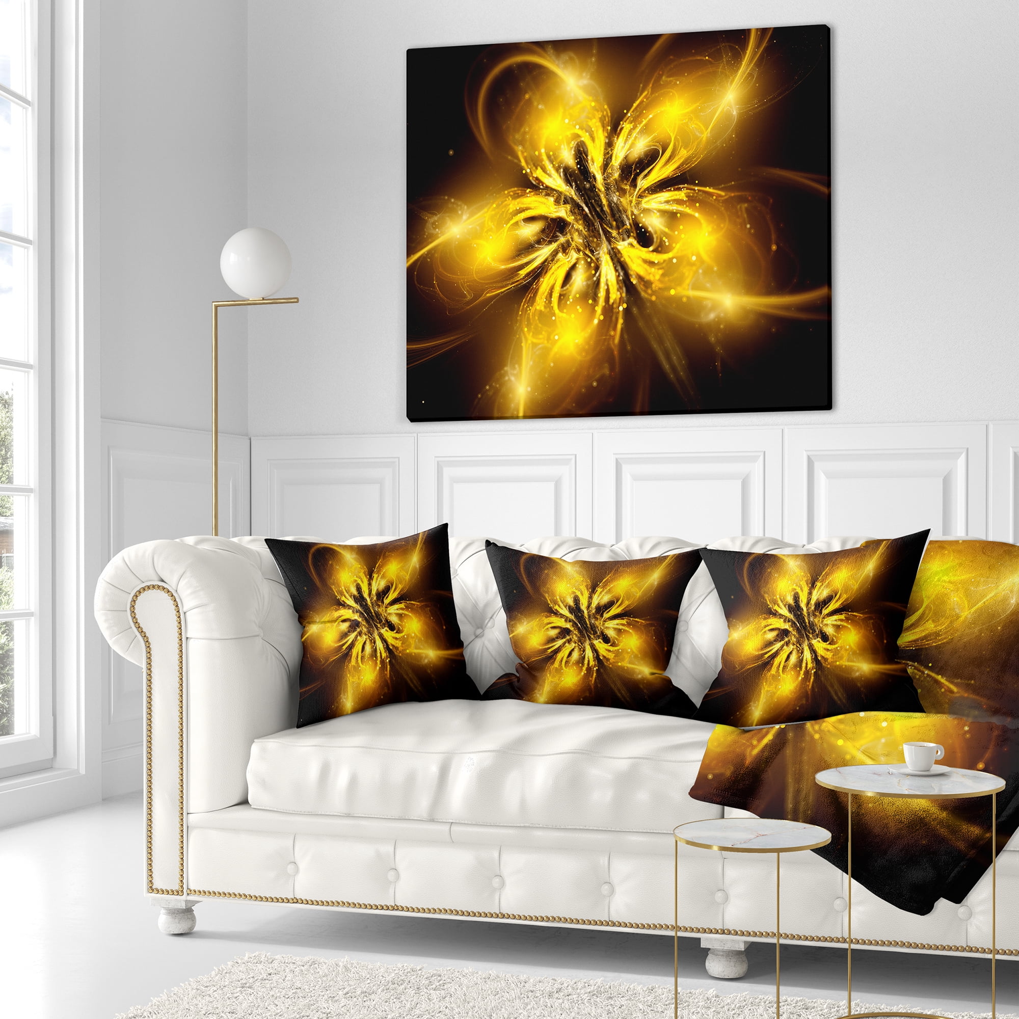 Designart Shiny Gold Fractal Flower on Black - Floral Throw Pillow - 18x18
