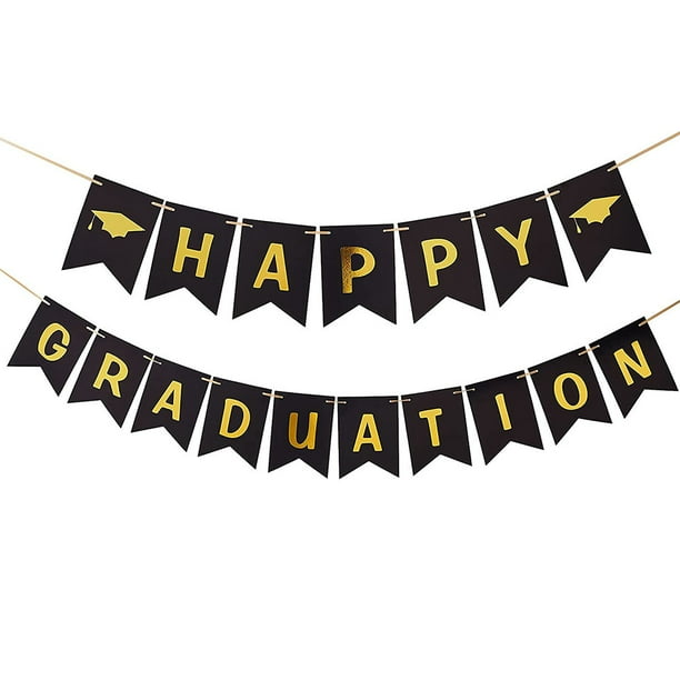 Happy Graduation Banner Party Supplies, Black Gold Graduation Banners ...