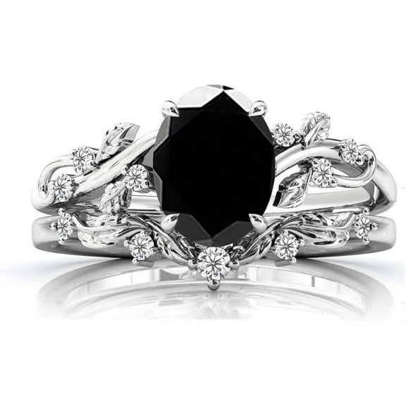 Divine Creation Women's 925 Sterling Silver 2.25 Ct Oval Cut Black Diamond Christmas Thanksgiving Engagement Bridal Ring Set 14K White Gold Plated -7.5