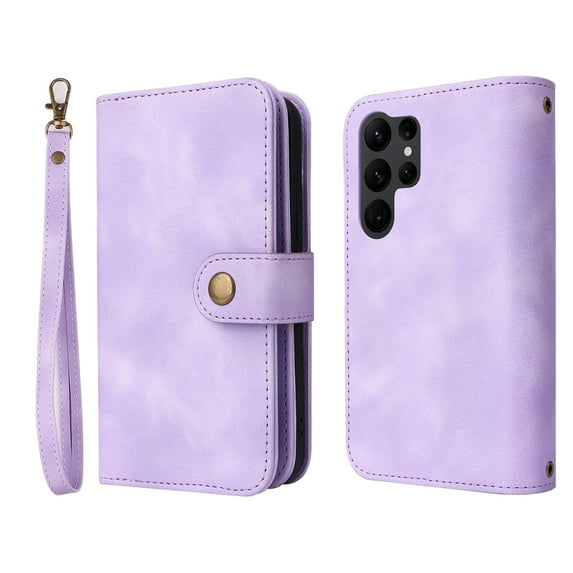 SaniMore with Samsung Galaxy S23 Ultra Wallet Case, PU Leather Multi-Function Detachable 2 in 1 Zipper Magnetic Cover with Card Holder Kickstand Wirstlet Shoulder Strap Crossbody Phone Case, Purple