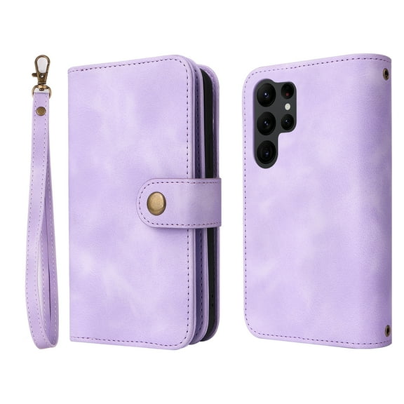 SaniMore with Samsung Galaxy S23 Ultra Wallet Case, PU Leather Multi-Function Detachable 2 in 1 Zipper Magnetic Cover with Card Holder Kickstand Wirstlet Shoulder Strap Crossbody Phone Case, Purple