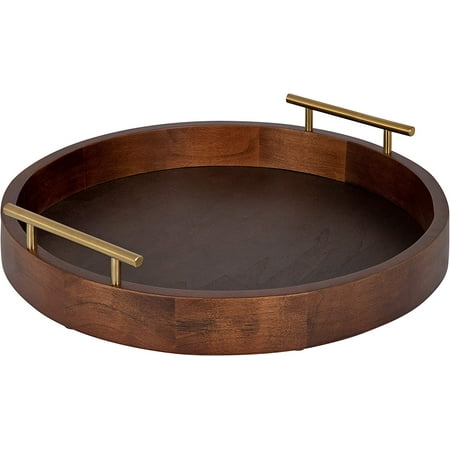 

LZ&h Lipton Modern Round Tray 18 Dark Walnut and Gold Decorative Accent Tray for Storage and Display