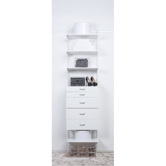 Reach-in Closet System Organizer, 24"W x 78"H x 14"D, Wood Drawers and shelves, White RS1010