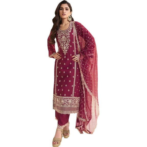 Wedding Wear Indian Designer Shalwar Kameez Suits Pakistani Sewn Palazzo Dress for Women ( Red, S - 38 )
