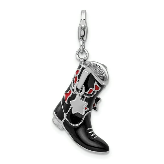 Primal Silver Sterling Silver Black and Red Enameled Cowboy Boot with Lobster Clasp Charm