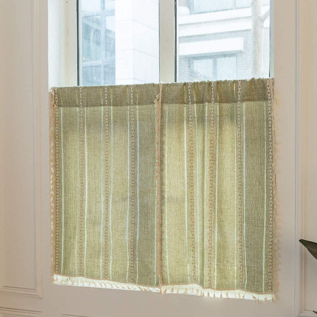 XmhyTop Boho Embroidered Kitchen Tier Curtains with Tassels Rod Pocket Farmhouse Linen Textured Cafe Half Window Curtain, 1 Panel (Green,52"x63")