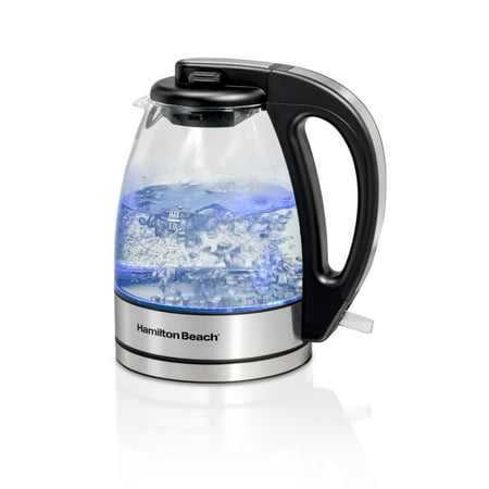 Hamilton Beach Compact Glass Electric Kettle, Tea & Water Kettle, 1L, Stainless Steel & Black Accents