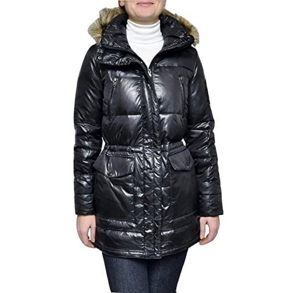 LAUREN RALPH LAUREN Faux Fur Hood Down Jacket Puffer Parka Coat, Black (X-Small)