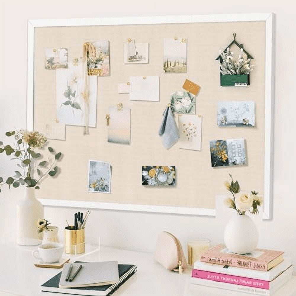 Large Bulletin Board 48x36 inch with Linen Cork Boards Wall Decor Hanging Pin Wood Framed Display Bulletin Cork Photo Picture Board Light for Room School Office 30-Pushpin White