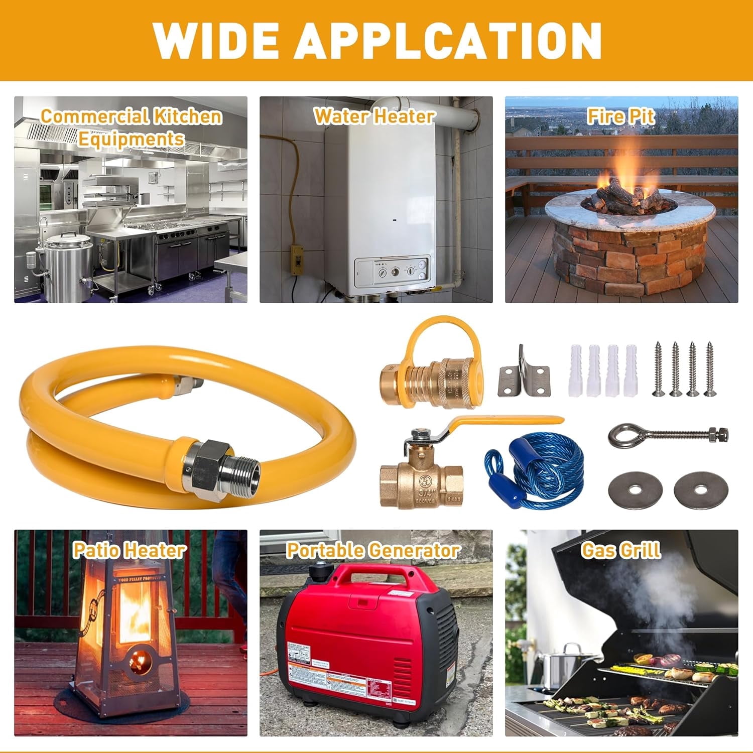 48in Commercial Kitchen Gas line Hose, 1675kit48 Safety System Kit, 3/4" Natural Gas Line Hose