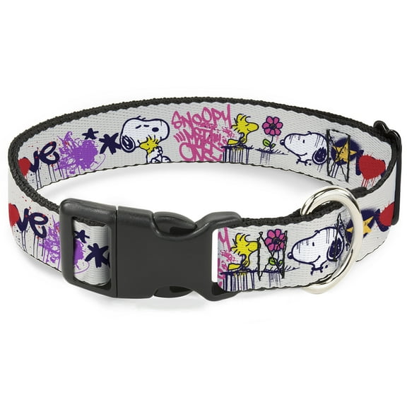 Peanuts Worldwide LLC Pet Collar, Dog Collar Plastic Buckle, Peanuts Snoopy and Woodstock Graffiti Collage Multi Color, 7 to 8.5 Inches 0.5 Inch Wide