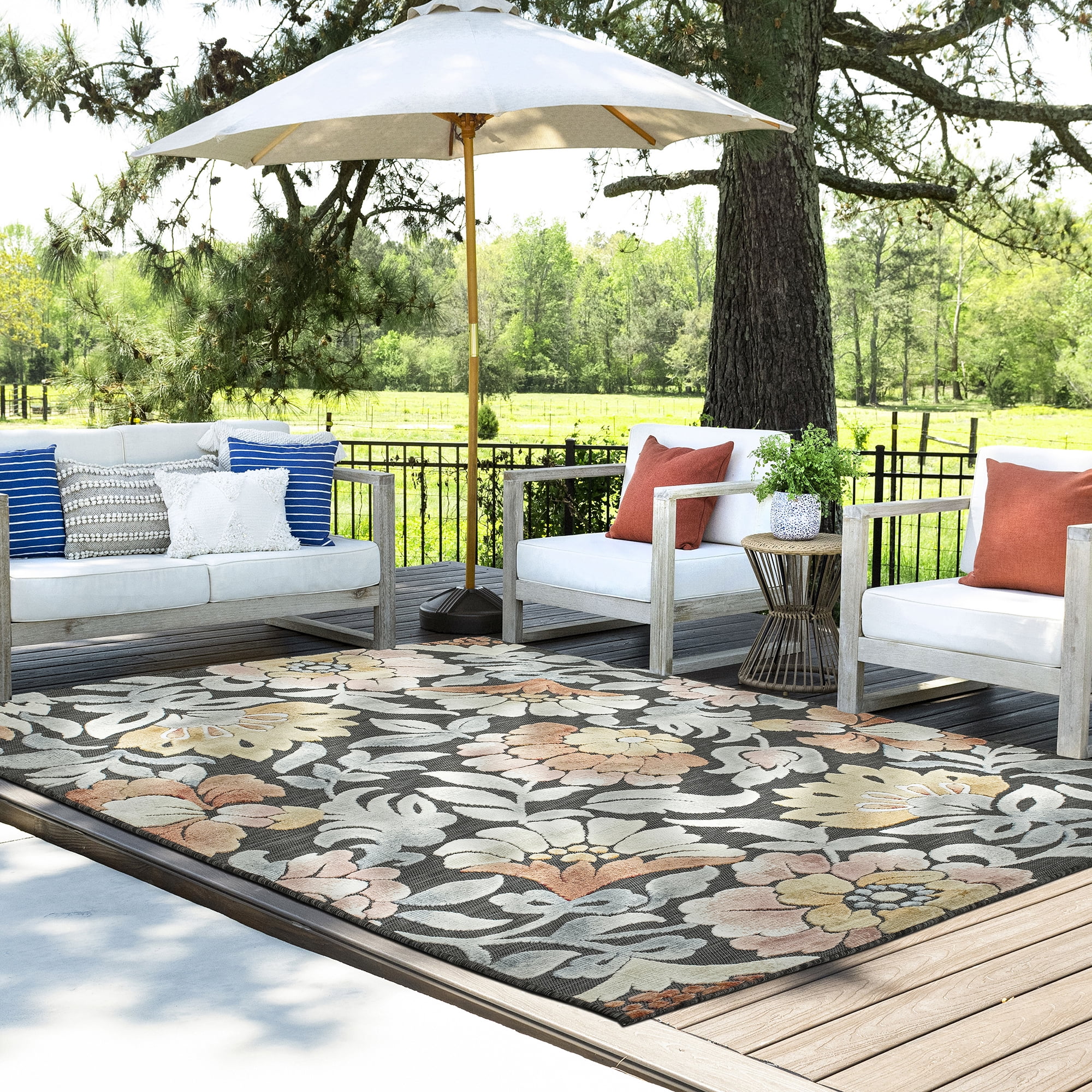 4x6 Water Resistant, Indoor Outdoor Rugs for Patios, Front Door Entry, Entryway, Deck, Porch, Balcony | Outside Area Rug for Patio | Black, Floral | Size: 3'10'' x 5'3''